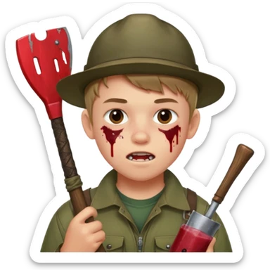 13 y/o Brian robeson at the beginning of Hatchet
determined, has hatchet, self-reliant, observant survivalist, berry juice on mouth, bug bites on face, white boy sticker