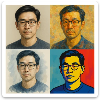 Asian man with black hair wearing glasses, portrait, diverse artistic styles sticker