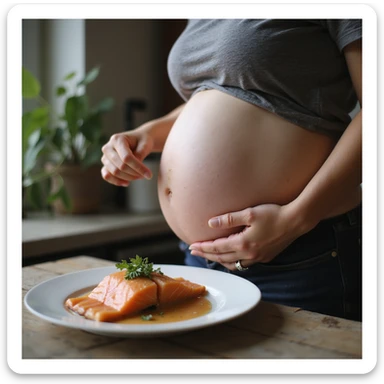 realistic pregnant woman in 4K explaining to her partner why she avoids raw salmon, pointing to her belly with one hand and the plate of salmon with the other sticker