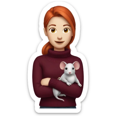 redhead girl with Dyson styling in burgundy sweater with rat on her shoulder sticker