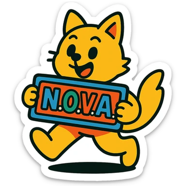 cute little yellow-skinned animal holding the text 'N.O.V.A.' in a playful pose, vibrant style sticker