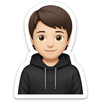 A brunette boy, short straight hair, light brown eyes, with a black sweatshirt with a hoodie, and smile  sticker