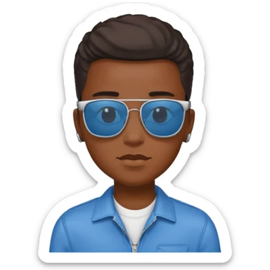 Un garçon noir avec des lunettes de soleil un peu bleu avec un cadran plutôt carré et SANS QU’ON VOIT SES YEUX. Et au dessus de sa tête il y a écrit BOUSS sticker