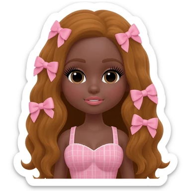 Doll, big chest, with darkbrown skin with long honey brown wavy hair with pink bows, lashes, cute lips sticker