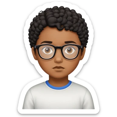 "- Nam
- 10 tuổi
- Da nâu
- Tóc ngắn, đen, xoăn
- mặt nghiêm túc
- Đeo kính
" sticker