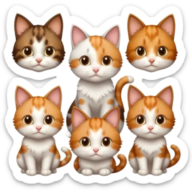 3 small cats different colours including brown tabby and white, patchy calico, and ginger and white sticker