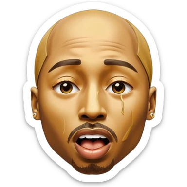 tupac but he's made of gold but he's also in an unbearable amount of pain, he has a really pained expression, his mouth is wide opened and his eyes are closed sticker