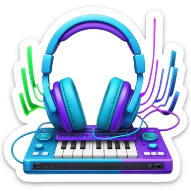 Create a creative and technical emoji that represents sound design. The design should feature a soundwave, a pair of studio headphones, and an audio synthesizer or soundboard to symbolize the manipulation and creation of unique soundscapes. Add subtle elements like audio cables, a mixing console, or a waveform to reflect the technical aspect of sound design. Use vibrant, futuristic colors like neon blue, purple, and green to represent innovation and creativity in sound. The background should be transparent. sticker