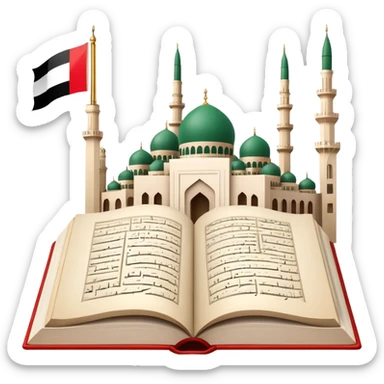 An icon featuring the mosque and the flag of United Arab Emirates, symbolizing the Arabic language. The design includes an open book with Arabic script and calligraphy, representing language learning and cultural heritage. Transparent background sticker