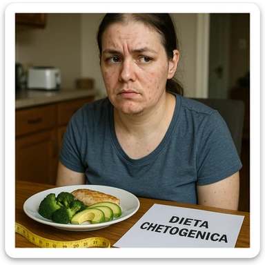 hyperrealistic 4K image of a woman with PCOS, face with acne and chin hair, thin hair, ketogenic plate in front, tailor's measuring tape and sheet with 'DIETA CHETOGENICA' on the table, skeptical expression, realistic domestic environment. sticker