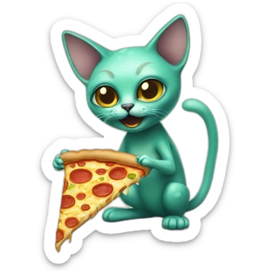 alien cat eating pizza sticker