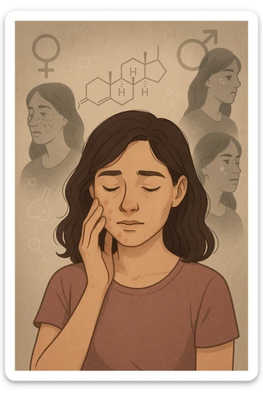 A young woman is surrounded by faint overlays of hormonal symbols and androgen molecules, with shadowy images of acne, facial hair, and oily skin projected around her, symbolizing the symptoms of PCOS with androgen excess. She looks down, gently touching her face with a resigned but hopeful expression, symbolizing her journey toward managing these symptoms. sticker
