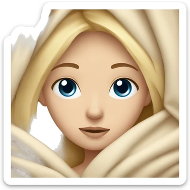 blonde girl blue eyes cuddled up in a beige blanket sticker