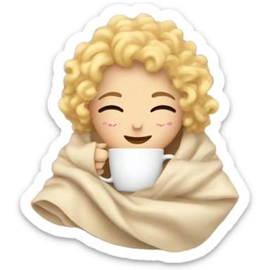 Blonde short hair curly girl inside a blanket sipping coffee eyes closed sticker