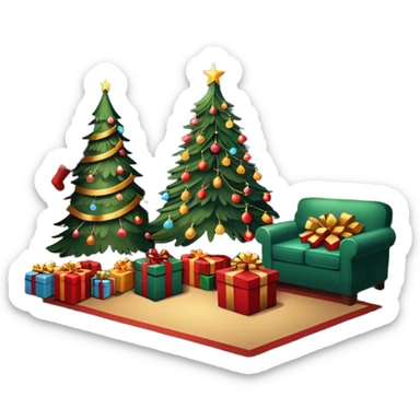 Flat illustration, dark livingroom scene, with christmas tree lit up and gifts under tree. Room is lit poorly but by the christmas tree lights, still life
 sticker