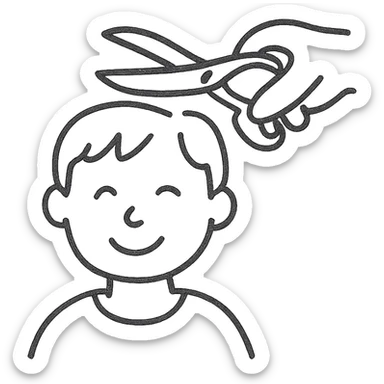 hand-drawn outlined logo of a person receiving a haircut, playful and approachable sticker