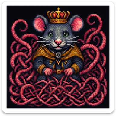 Enhance the image to show more tangled tails among the rats in a pixel art style. Emphasize the pixel art aesthetic with clear, blocky pixels and vibrant colors typical of pixel art. Increase the complexity and visibility of the tails to appear more intertwined and tangled, while maintaining the pixel art style. sticker