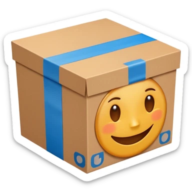 brown cardboard box with two wide blue tape strips in H shape on the lid, tape strips only on top and not over the sides, emoji style, slightly from above angle sticker