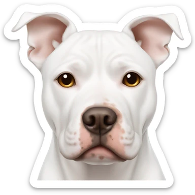 White pitbull with brown spot on eye and one brown ear sticker