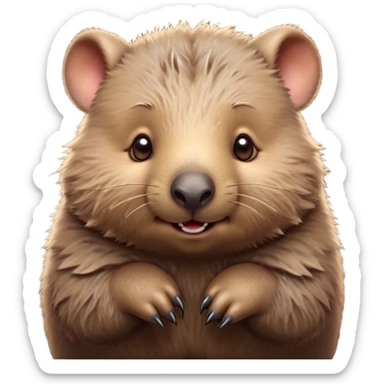 Cinematic Cute Wombat Portrait Emoji, Head tilted playfully and inquisitively, featuring a fluffy, shaggy brown fur with a round, endearing face and twinkling eyes full of gentle curiosity, Simplified yet irresistibly adorable features, highly detailed, glowing with a warm, friendly glow, high shine, affectionate and chubby, stylized with a touch of bushland whimsy, bright and endearing, soft glowing outline, capturing the essence of a mischievous yet loving wombat, so playful it feels like it could trundle out of the screen into your arms! sticker