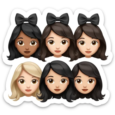 three girls with brown eyes, white and brown skin tones, first girl with completely black straight hair and a bow on her head, middle girl with black wavy hair and a bow, last girl with black voluminous loose waves and a bow, emoji style sticker