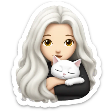A pretty white girl with very long black hair and sleeping curled up to a white cat  sticker