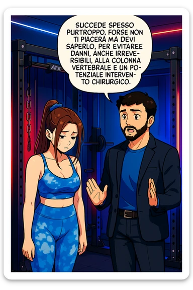 fai questa immagine in versione fumetto/manga/webtoon a colori, il manga mostra l'uomo che risponde alla donne:
Succede spesso purtroppo. 
Forse non ti piacerà ma devi saperlo, per evitare danni, anche irreversibili, alla colonna vertebrale e un potenziale intervento chirurgico. sticker