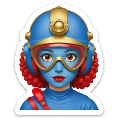 blue curly haired girl with huge earrings, wearing red paintball helmet and eye protection, only face  sticker