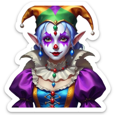 Cinematic girl in the style of a Jester, Ultra realistic 32k HD, Breathtaking piece of art, rim lighting, hauntingly beautiful art, vibrant colors, Balanced features, highly detailed digital artwork, glowing with silver light, glowing, high shine, deviant adoptable, highly detailed clothing, remembrance, a painting of white silver, fanciful, enchanting, ghostly, embodying the essence of both reality and fantasy, dreamy, dreamy glow, optical illusion, immaculate composition, complex pose, air composition. The image is so lifelike that it feels as though it could leap off the canvas at any moment sticker