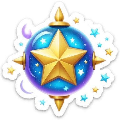 Uma esfera translúcida com reflexos roxos e azuis envolve uma estrela dourada brilhante no centro, criando um visual etéreo e futurista sticker