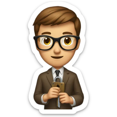 brown-short-haired classy man wearing glasses, struggling to fit a key into a wooden door-lock sticker