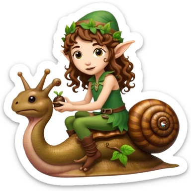 tiny forest elf long curly brown hair tattoos riding snail sticker