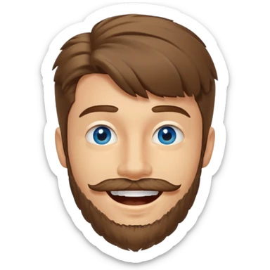 25 year old man, short scruffy beard and sparse moustache, brown puffy mullet, blue eyes, big smile, white teeth, big lips, pronounced jaw, hair longer in back, sticking up on top sticker