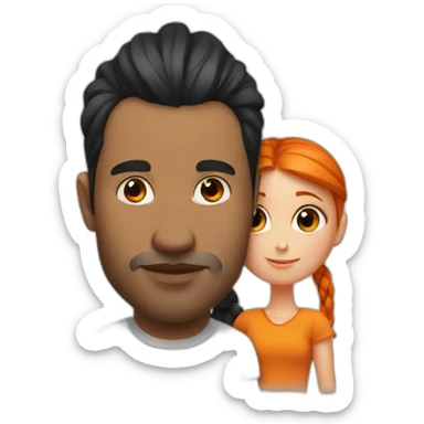 Man with black hair bun kissing a girl with orange hair sticker
