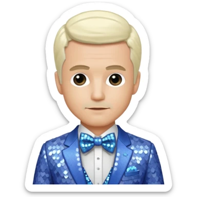 Freddie Prinze Jr with platinum blonde hair, periwinkle sequin suit with bow tie sticker