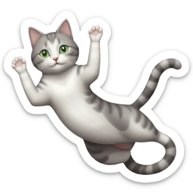 grey and white cat with green eyes doing a big extremely long stretch reaching up into the air with arms and legs side by side together straight and overextended whilst lying on its side sticker