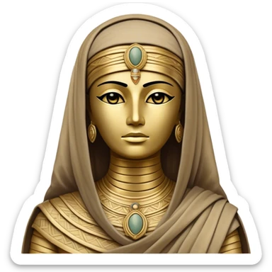 Cinematic Noble Mummy Portrait Emoji, Regal and timeless, with a meticulously wrapped, ancient form in muted earth tones accented by faded gold, exuding an air of forgotten majesty and solemn duty, simplified yet elegant with intricate bandage details, highly detailed and softly glowing, evoking the dignified mystery of an eternal sentinel guarding long-lost secrets! sticker