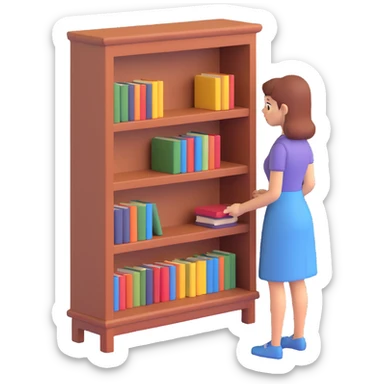 a sad woman looking at a small bookcase sticker