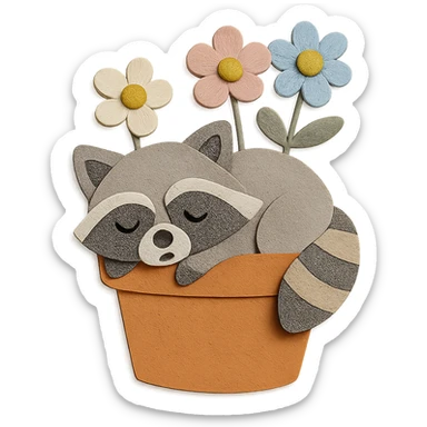 a sleepy raccoon inside a flower pot with a few flowers inside the pot, pastel earthy colors, paper craft style sticker