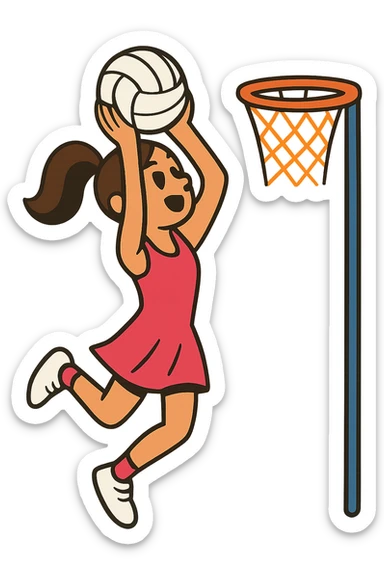a brunette haired girl wearing a pink netball dress shooting a goal, vibrant and dynamic pose, no background sticker