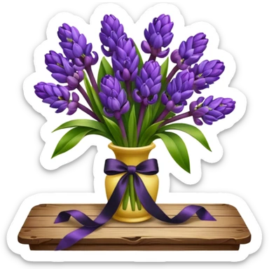 A lush bouquet of bright prple color Hyacinths black satin ribbon, resting on an antique wooden table, with a pale yellow and pink plaid pattern table cloth sticker
