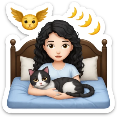 angelic black wavey hair girl in the bed with her cat sticker