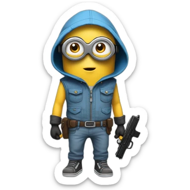 baby minion  in gray pants in a blue sleeveless shirt in a hood and with a collar with two pistols in both hands holds them on both sides raised sticker