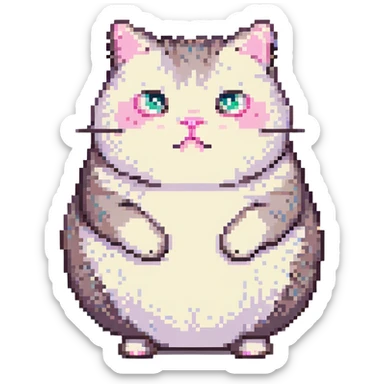 pixel art of a chubby, happy cat sitting, large sparkling eyes, pink cheeks sticker