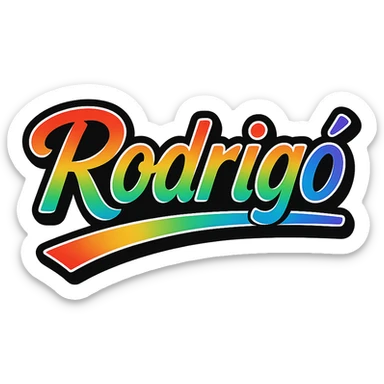 The name 'Rodrigó' in a modern font with smooth gradient coloring, precise Hungarian characters, dark outline, extra thick and prominent white letter border, dynamic slanted underline, rainbow gradient color scheme, 1000x1000 px, PNG, transparent background. sticker