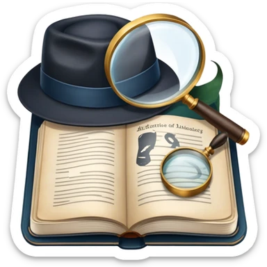 Icon for Detective Reading: an open book with text and a magnifying glass, a detective’s hat and a notebook with clues, surrounded by dark shadows and mysterious elements like footprints. Transparent background. sticker