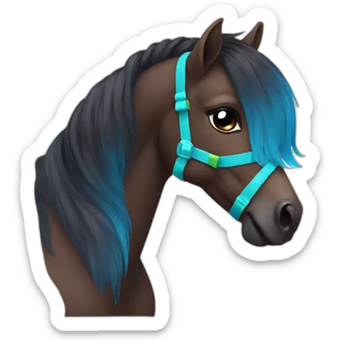 Petite dark-brown pony with vibrant multicolored bows, blue halter, calm sticker