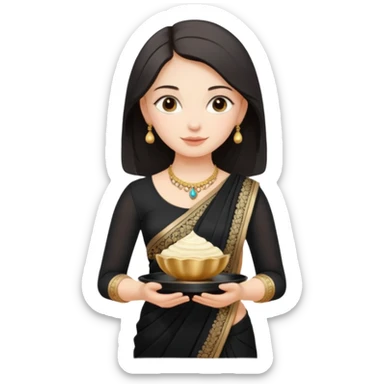 Russian girl in Indian black saree with full image from head to leg and holding one small cream colour plastic tray in her both hands sticker