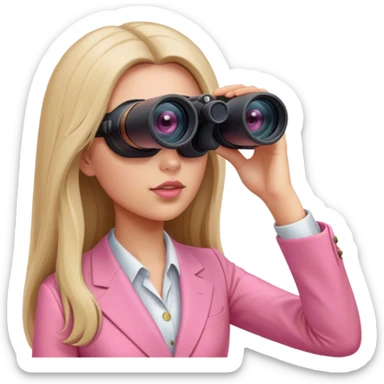 futuristic-looking woman with long hair in an intensive color pink suit looking through two-eyed binocular, viewed from an angled perspective sticker