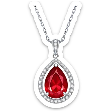 teardrop ruby pendant with a silver chain and shimmering white stones, glowing fiery red sticker